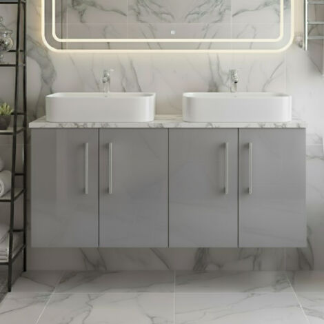 Nuie Arno Wall Hung 4-Door Vanity Unit with Carrera Marble Worktop 1200mm Wide - Satin Grey (1/5)