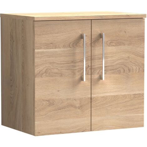 Nuie Arno Wall Hung 2-Door Vanity Unit with Worktop 600mm Wide - Bleached Oak (1/4)