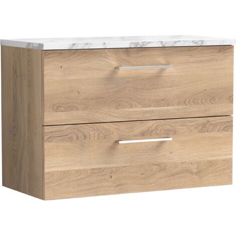 Nuie Arno Wall Hung 2-Drawer Vanity Unit with Carrera Marble Worktop 800mm Wide - Bleached Oak