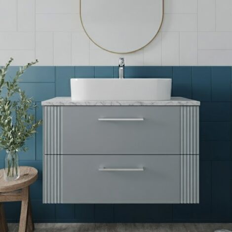 Nuie Deco Wall Hung 2-Drawer Vanity Unit with Carrera Marble Worktop 800mm Wide - Satin Grey