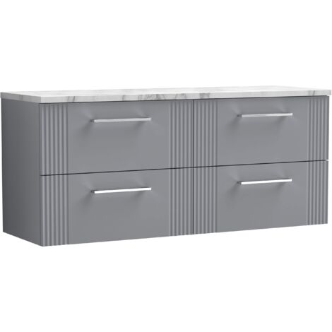 Nuie Deco Wall Hung 4-Drawer Vanity Unit with Carrera Marble Worktop 1200mm Wide - Satin Grey (1/4)