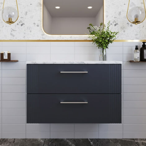 Nuie Deco Satin Soft Black 800mm Wall Hung 2 Drawer Vanity Unit with Carrera Marble Laminate Worktop - DPF1495LCM