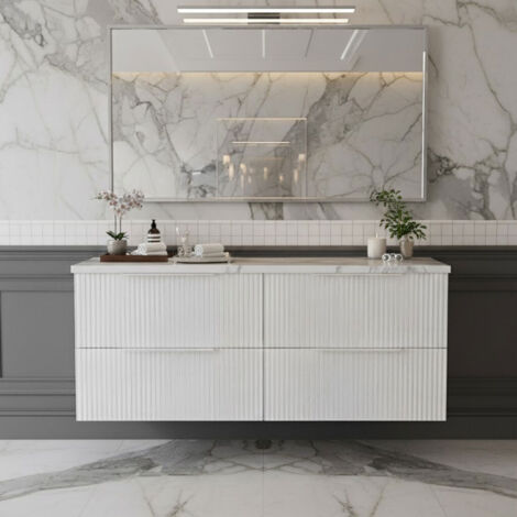 Hudson Reed Fluted Wall Hung 4-Drawer Vanity Unit with Carrera Marble Worktop 1200mm Wide - Satin White (1/4)