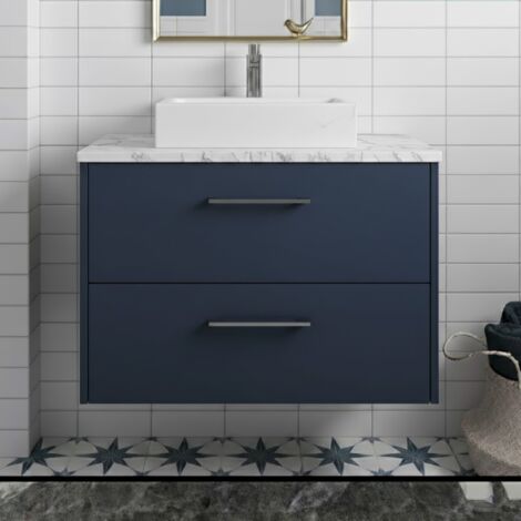 Hudson Reed Juno Wall Hung 2-Drawer Vanity Unit with Carrera Marble Worktop 800mm Wide - Midnight Blue (1/4)