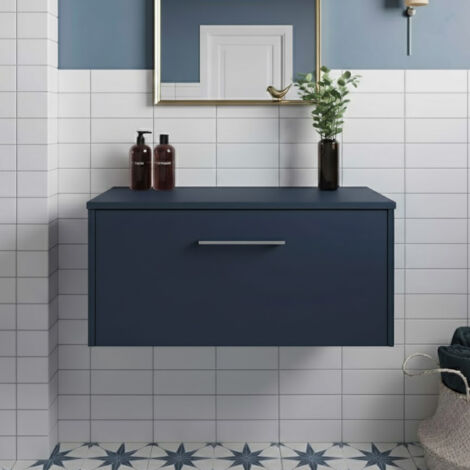 Hudson Reed Juno Wall Hung 1-Drawer Vanity with Worktop 800mm Wide - Midnight Blue (1/4)