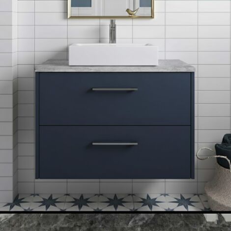 Hudson Reed Juno Wall Hung 2-Drawer Vanity Unit with Bellato Grey Worktop 800mm Wide - Midnight Blue (1/4)