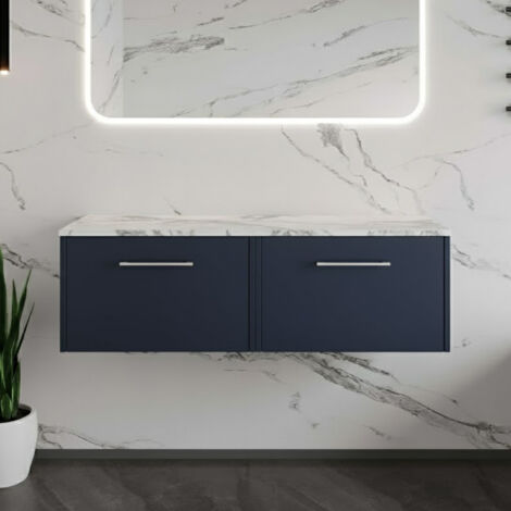 Hudson Reed Juno Wall Hung 2-Drawer Vanity Unit with Carrera Marble Worktop 1200mm Wide - Midnight Blue (1/4)