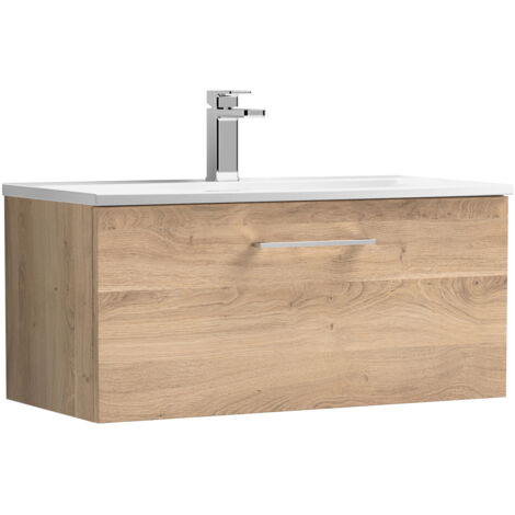 Nuie Arno Bleached Oak Woodgrain 800mm Wall Hung Single Drawer Vanity Unit and Curved Ceramic Basin - ARN3025G (1/6)