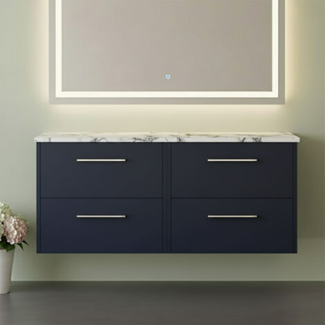 Hudson Reed Juno Wall Hung 4-Drawer Vanity Unit with Carrera Marble Worktop 1200mm Wide - Midnight Blue