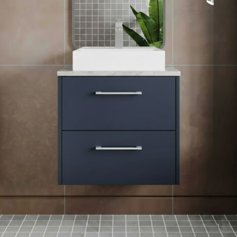 Hudson Reed Juno Wall Hung 2-Drawer Vanity Unit with Bellato Grey Worktop 600mm Wide - Midnight Blue (1/4)