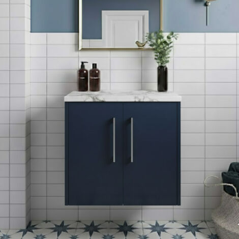 Hudson Reed Juno Wall Hung 2-Door Vanity Unit with Carrera Marble Worktop 600mm Wide - Midnight Blue (1/4)