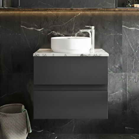 Hudson Reed Urban Wall Hung 2-Drawer Vanity Unit with Carrera Marble Worktop 600mm Wide - Satin Anthracite (1/4)