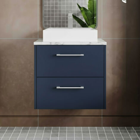 Hudson Reed Juno Wall Hung 2-Drawer Vanity Unit with Carrera Marble Worktop 600mm Wide - Midnight Blue (1/4)