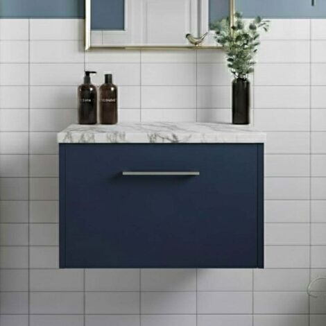 Hudson Reed Juno Wall Hung 1-Drawer Vanity Unit with Carrera Marble Worktop 600mm Wide - Midnight Blue (1/4)