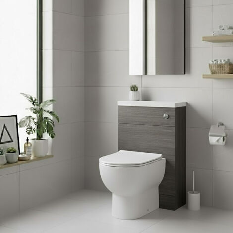 Hudson Reed Fusion Compact WC Unit with Polymarble Worktop 600mm Wide - Anthracite Woodgrain (1/4)