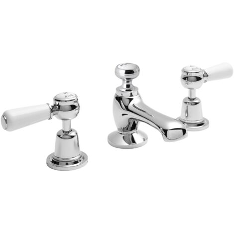 Old London Topaz White Lever Chrome 3 Tap Hole Basin Mixer Tap with Dome Collar - BC307DL (1/2)