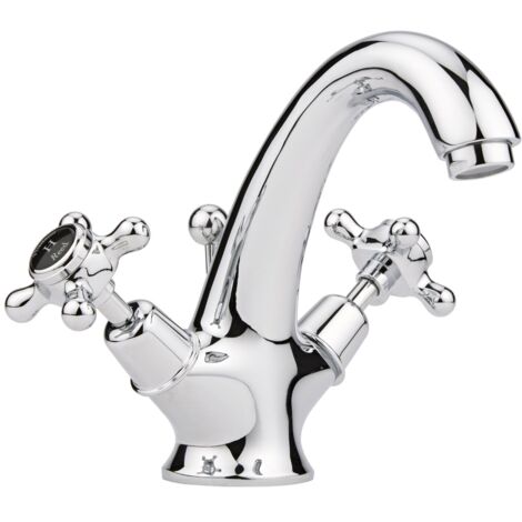 Hudson Reed Topaz Black Crosshead Mono Basin Mixer Tap Dome Collar with Waste - Chrome (1/2)