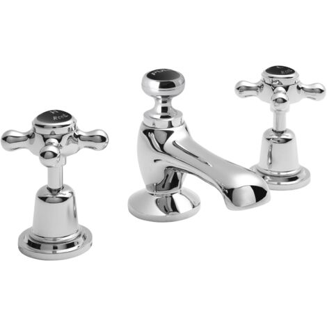 Hudson Reed Topaz Black Crosshead 3-Hole Basin Mixer Tap with Pop Up Waste Dome Collar (1/3)
