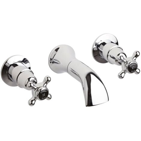 Hudson Reed Black Topaz Wall Mounted Crosshead 3-Hole Basin Mixer Tap - Chrome (1/2)