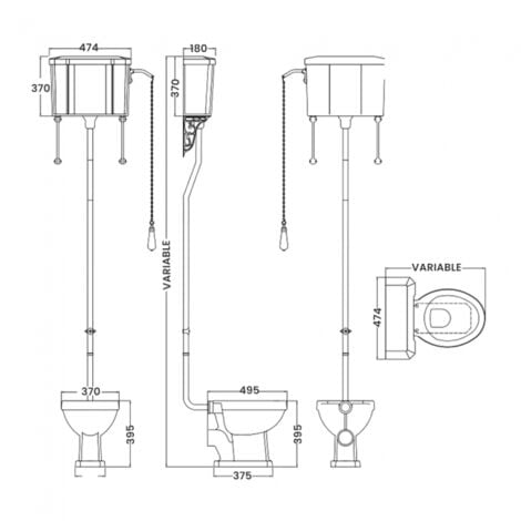 Hudson Reed Richmond High Level Pan with Pull Chain Cistern and Flush Pipe Kit - Excluding Seat