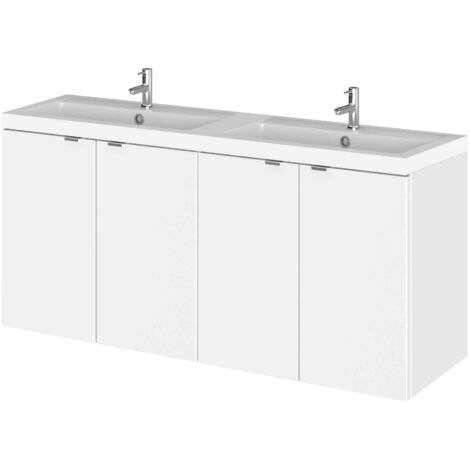 Hudson Reed Fusion Wall Hung 4-Door Vanity Unit with Double Basin 1200mm Wide - Gloss White