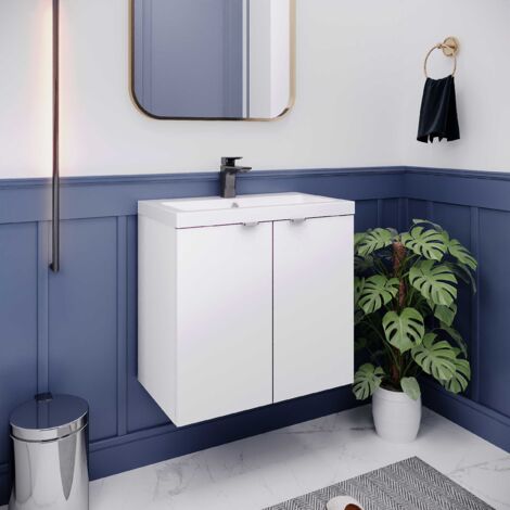 Hudson Reed Fusion Wall Hung 2-Door Vanity Unit with Basin 600mm Wide - Gloss White