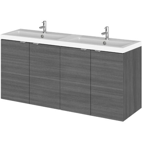 Hudson Reed Fusion Wall Hung 4-Door Vanity Unit with Double Basin 1200mm Wide - Anthracite Woodgrain