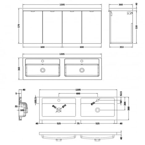 Hudson Reed Fusion Wall Hung 4-Door Vanity Unit with Double Basin 1200mm Wide - Anthracite Woodgrain