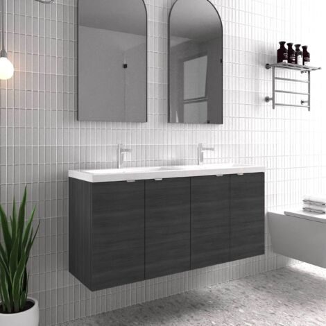 Hudson Reed Fusion Wall Hung 4-Door Vanity Unit with Double Basin 1200mm Wide - Anthracite Woodgrain
