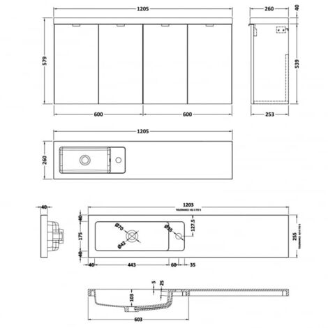 Hudson Reed Fusion Wall Hung 4-Door Vanity Unit with Compact Basin 1200mm Wide - Anthracite Woodgrain