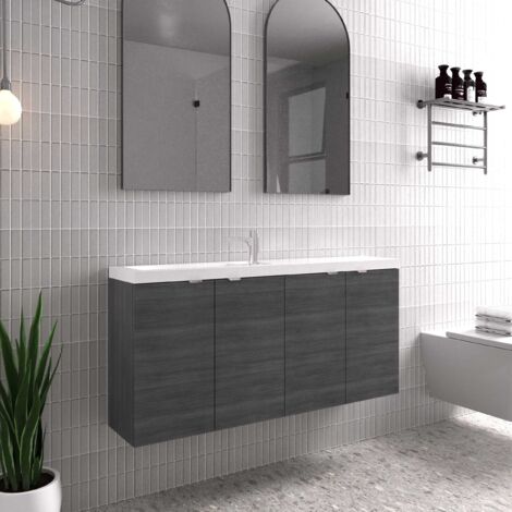 Hudson Reed Fusion Wall Hung 4-Door Vanity Unit with Compact Basin 1200mm Wide - Anthracite Woodgrain