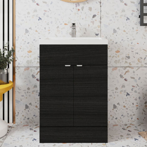 Hudson Reed Fusion Floor Standing Vanity Unit with Basin 600mm Wide - Charcoal Black Woodgrain (1/5)