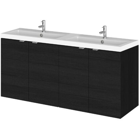 Wall hung vanity unit 1200mm wide – 4-door with double polymarble basin – Charcoal black woodgrain finish – Soft close hinges – Vasari (1/5)