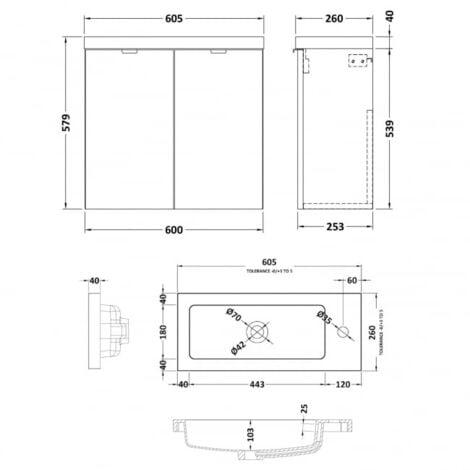 Hudson Reed Fusion Wall Hung 2-Door Vanity Unit with Compact Basin 600mm Wide - Gloss Grey