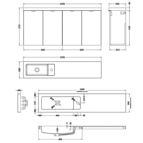 Hudson Reed Fusion Wall Hung 4-Door Vanity Unit with Compact Basin 1200mm Wide - Gloss Grey