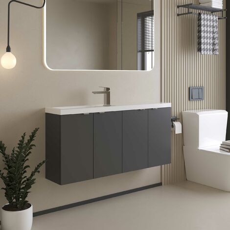 Hudson Reed Fusion Wall Hung 4-Door Vanity Unit with Compact Basin 1200mm Wide - Gloss Grey