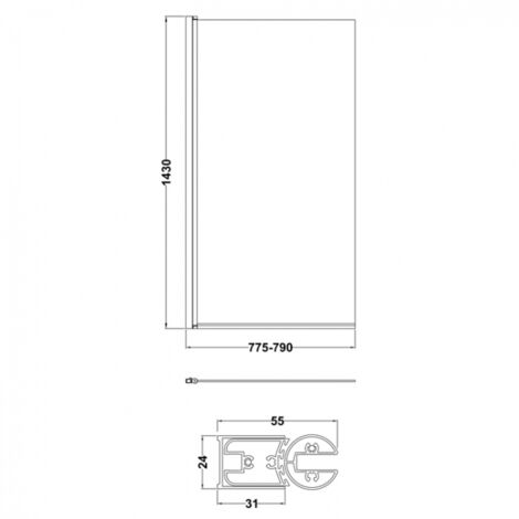 Nuie Pacific Square Hinged Bath Screen 1430mm H x 790mm W - 6mm Glass