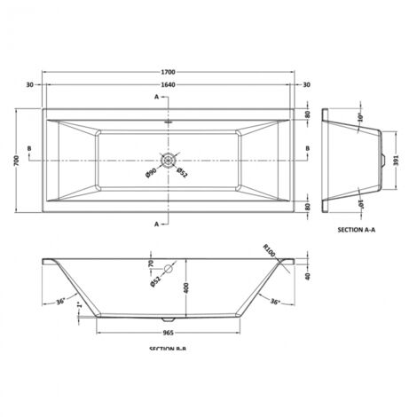 Nuie Asselby Double Ended Rectangular Bath 1700mm x 700mm - Acrylic (inc Leg Set)
