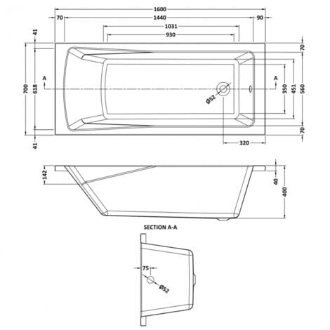 Nuie Linton Single Ended Rectangular Bath 1600mm x 700mm - Acrylic (inc Leg Set)