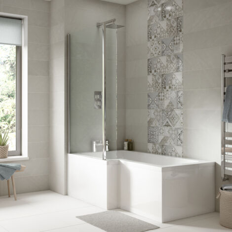 Nuie Square L-Shaped Shower Bath with Front Panel and Screen 1700mm x 700mm/850mm - Left Handed