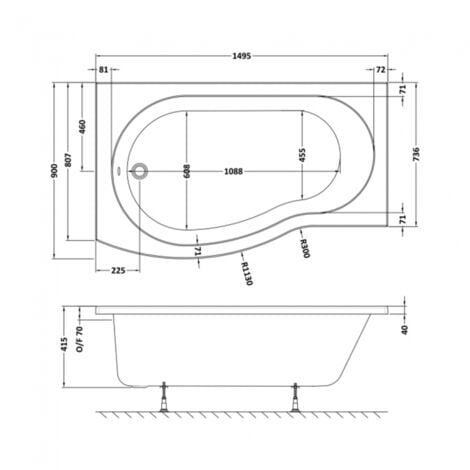 Nuie B-Shaped Shower Bath 1500mm X 735mm/900mm - Left Handed