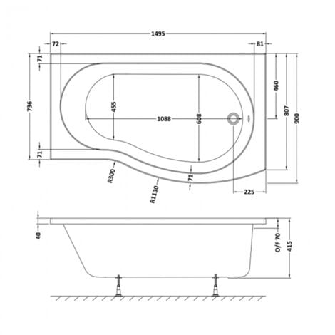 Nuie B-Shaped Shower Bath 1500mm X 735mm/900mm - Right Handed