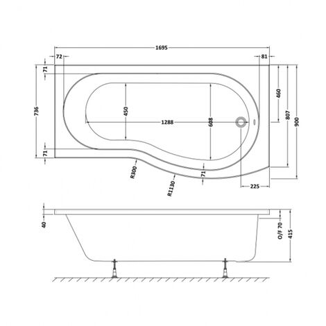 Nuie B-Shaped Shower Bath 1700mm X 735mm/900mm - Right Handed