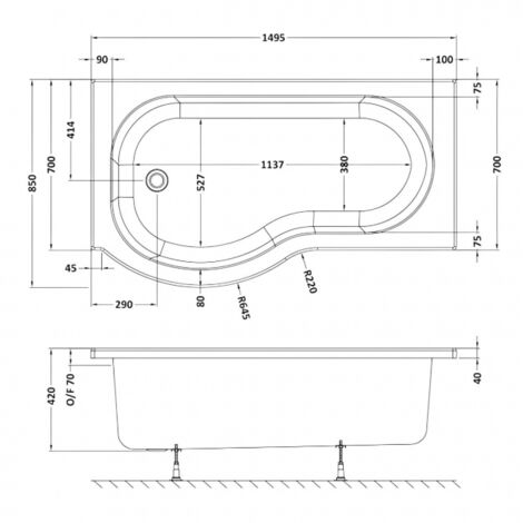 Nuie P-Shaped Shower Bath 1500mm x 700mm/850mm - Left Handed (inc Leg Set)