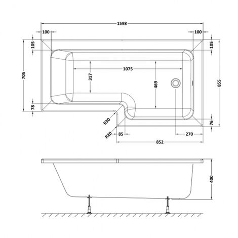 Nuie Square L-Shaped Shower Bath 1600mm x 700mm/850mm - Right Handed (inc Leg Set)