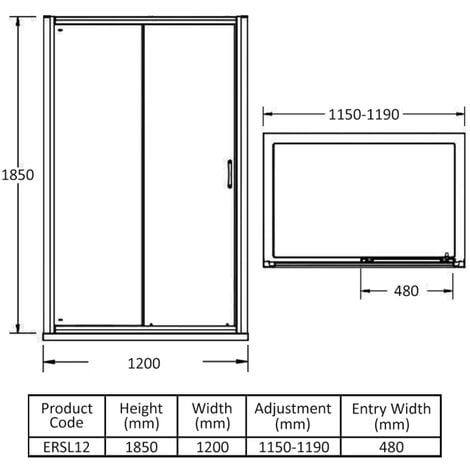 Nuie Ella Sliding Shower Door 1200mm Wide - 5mm Glass