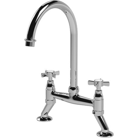 Chrome Bridge Kitchen Sink Tap Traditional Ceramic Lever Two Hole Deck Mounted 