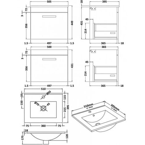 Nuie Athena Wall Hung 1-Drawer Vanity Unit with Basin-2 500mm Wide - Gloss White