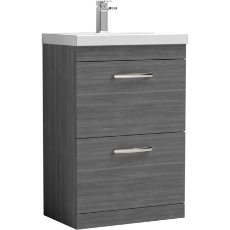 Nuie Athena Anthracite Woodgrain 600mm 2 Drawer Vanity Unit and Thin Edge Ceramic Basin - ATH032D