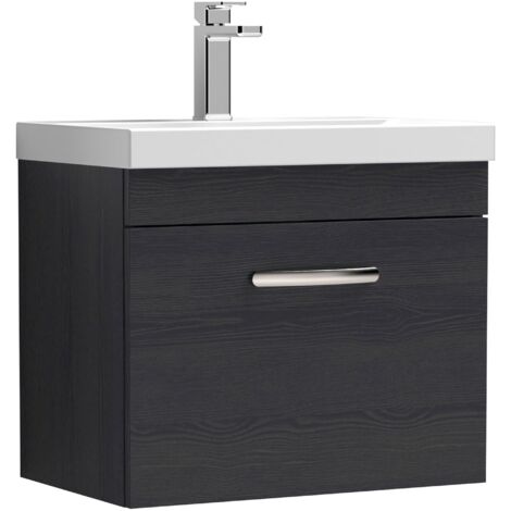 Nuie Athena Charcoal Black Woodgrain 600mm Wall Hung Single Drawer Vanity Unit and Mid Edge Ceramic Basin - ATH040A (1/5)